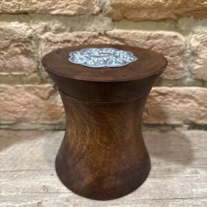 Vintage Wooden Lidded Trinket Box Silver Tone Floral Lid Round Wood Jar